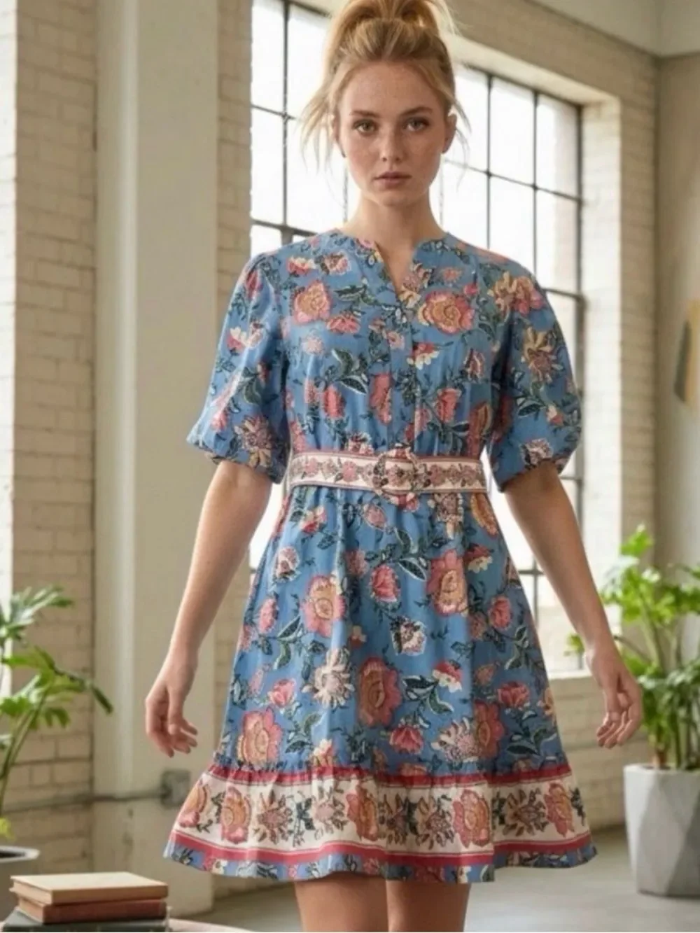 Joie Blue Pink Floral Print Complimentary Hem Puff Sleeve A Line Mini Dress NEW